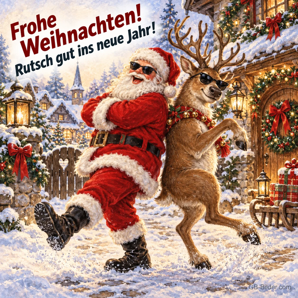 Weihnachtsmann und Rentier mit Sonnenbrillen tanzen im Schnee, Text: Frohe Weihnachten! – Rutsch gut ins neue Jahr! Weihnachtsmann und Rentier mit Sonnenbrillen tanzen im Schnee, Text: Frohe Weihnachten! – Rutsch gut ins neue Jahr!