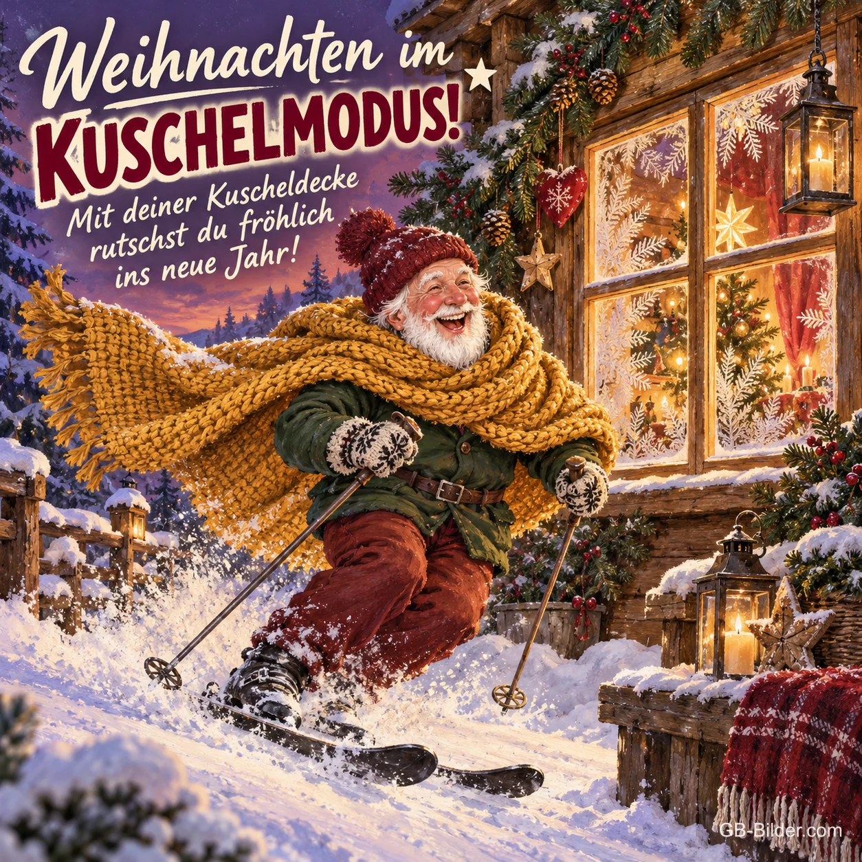 Opa mit Strickschal fährt fröhlich Ski vor einer verschneiten Hütte, Text: Weihnachten im Kuschelmodus! – Mit deiner Kuscheldecke rutschst du fröhlich ins neue Jahr! Opa mit Strickschal fährt fröhlich Ski vor einer verschneiten Hütte, Text: Weihnachten im Kuschelmodus! – Mit deiner Kuscheldecke rutschst du fröhlich ins neue Jahr!