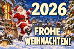 Weihnachtsmann tanzt mit Geschenksack vor einem Winterdorf, Text: 2026 – FROHE WEIHNACHTEN!