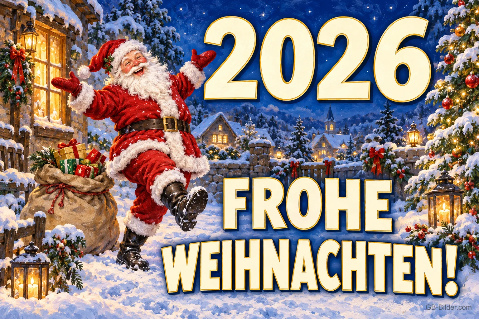 Weihnachtsmann tanzt mit Geschenksack vor einem Winterdorf, Text: 2026 – FROHE WEIHNACHTEN! Weihnachtsmann tanzt mit Geschenksack vor einem Winterdorf, Text: 2026 – FROHE WEIHNACHTEN!