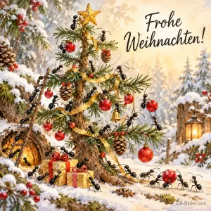 Ameisen schmücken einen Tannenbaum mit Kugeln im Schnee, Text: Frohe – Weihnachten!