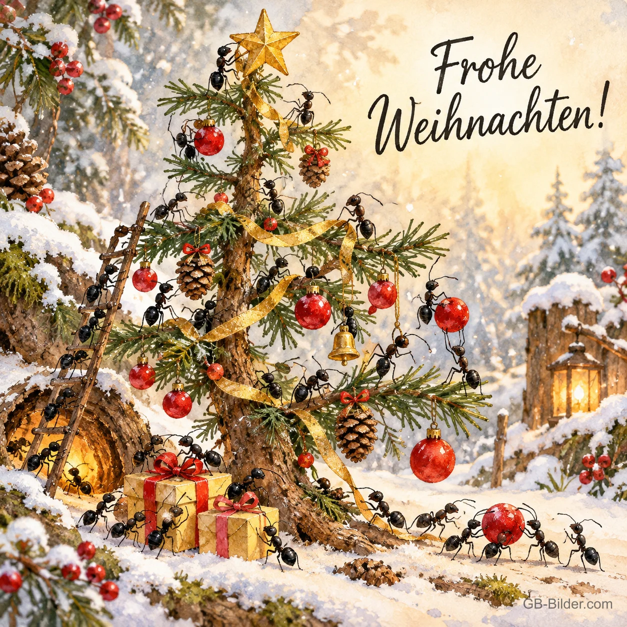 Ameisen schmücken einen Tannenbaum mit Kugeln im Schnee, Text: Frohe – Weihnachten! Ameisen schmücken einen Tannenbaum mit Kugeln im Schnee, Text: Frohe – Weihnachten!
