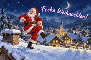 Weihnachtsmann tanzt auf einem verschneiten Dach über einem Winterdorf, Text: Frohe Weihnachten!