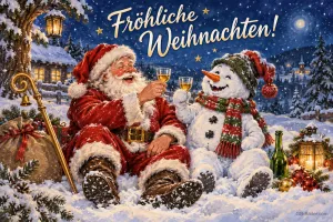 Weihnachtsmann und Schneemann stoßen im Schnee an, Text: Fröhliche – Weihnachten!