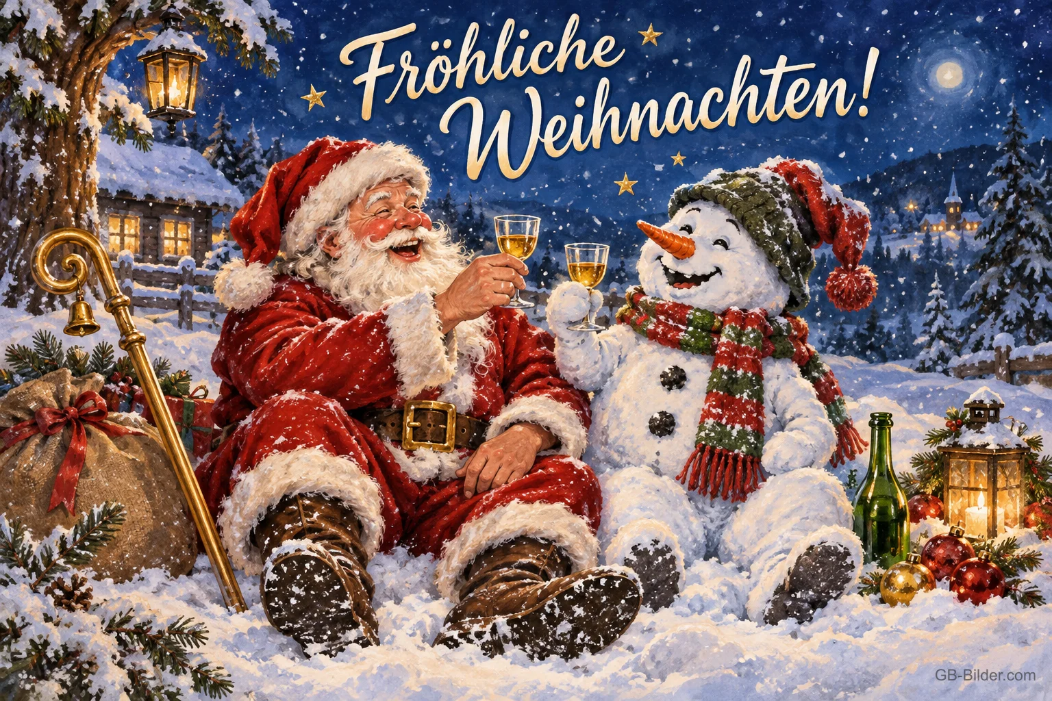 Weihnachtsmann und Schneemann stoßen im Schnee an, Text: Fröhliche – Weihnachten! Weihnachtsmann und Schneemann stoßen im Schnee an, Text: Fröhliche – Weihnachten!