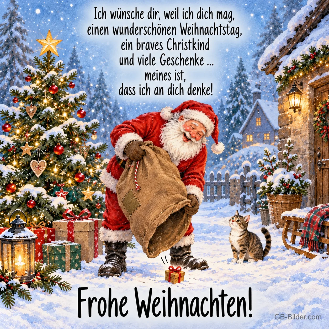 Weihnachtsmann schaut in seinen Sack, Katze schaut zu, Text: Ich wünsche dir, weil ich dich mag, einen wunderschönen Weihnachtstag, ein braves Christkind und viele Geschenke … meines ist, dass ich an dich denke! Frohe Weihnachten! Weihnachtsmann schaut in seinen Sack, Katze schaut zu, Text: Ich wünsche dir, weil ich dich mag, einen wunderschönen Weihnachtstag, ein braves Christkind und viele Geschenke … meines ist, dass ich an dich denke! Frohe Weihnachten!