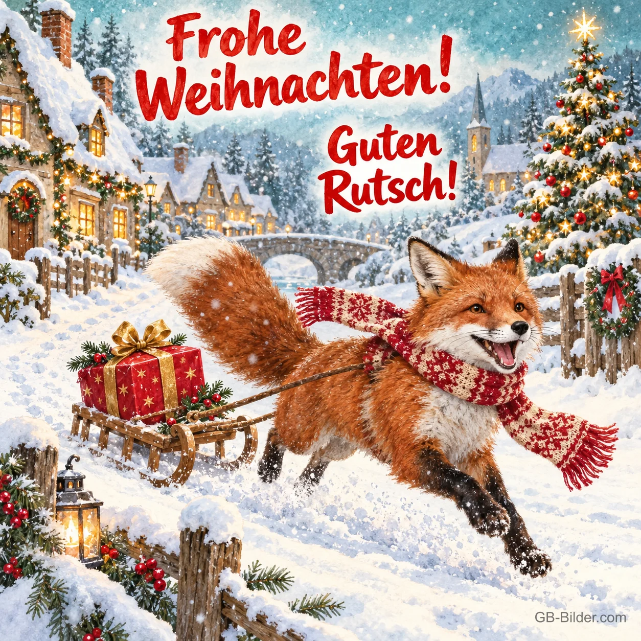 Fuchs mit Schal zieht einen Schlitten mit Geschenk durch ein verschneites Dorf, Text: Frohe Weihnachten! – Guten Rutsch! Fuchs mit Schal zieht einen Schlitten mit Geschenk durch ein verschneites Dorf, Text: Frohe Weihnachten! – Guten Rutsch!