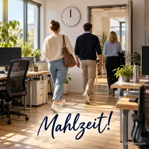 Kollegen gehen mittags aus dem Büro, Text: Mahlzeit!