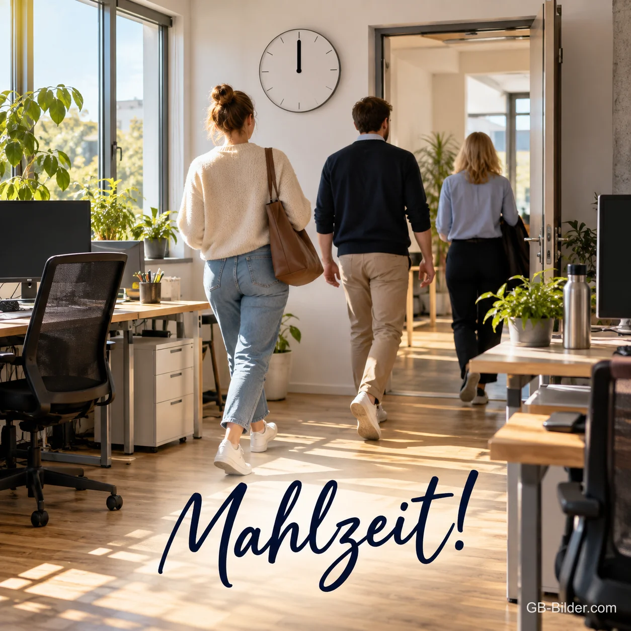Kollegen gehen mittags aus dem Büro, Text: Mahlzeit!