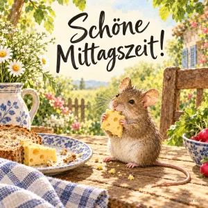 Maus knabbert Käse am Holztisch neben Brot und Blumen, Text: Schöne Mittagszeit!