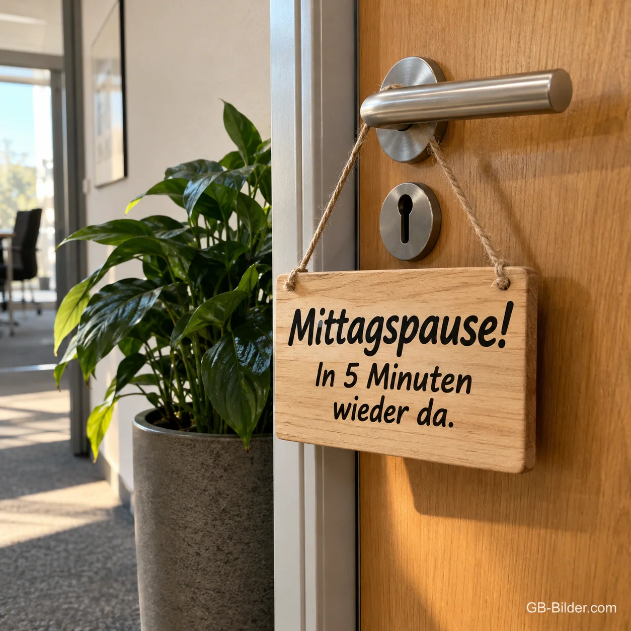 Holzschild an der Bürotür, Text: Mittagspause! In 5 Minuten wieder da. Holzschild an der Bürotür, Text: Mittagspause! In 5 Minuten wieder da.