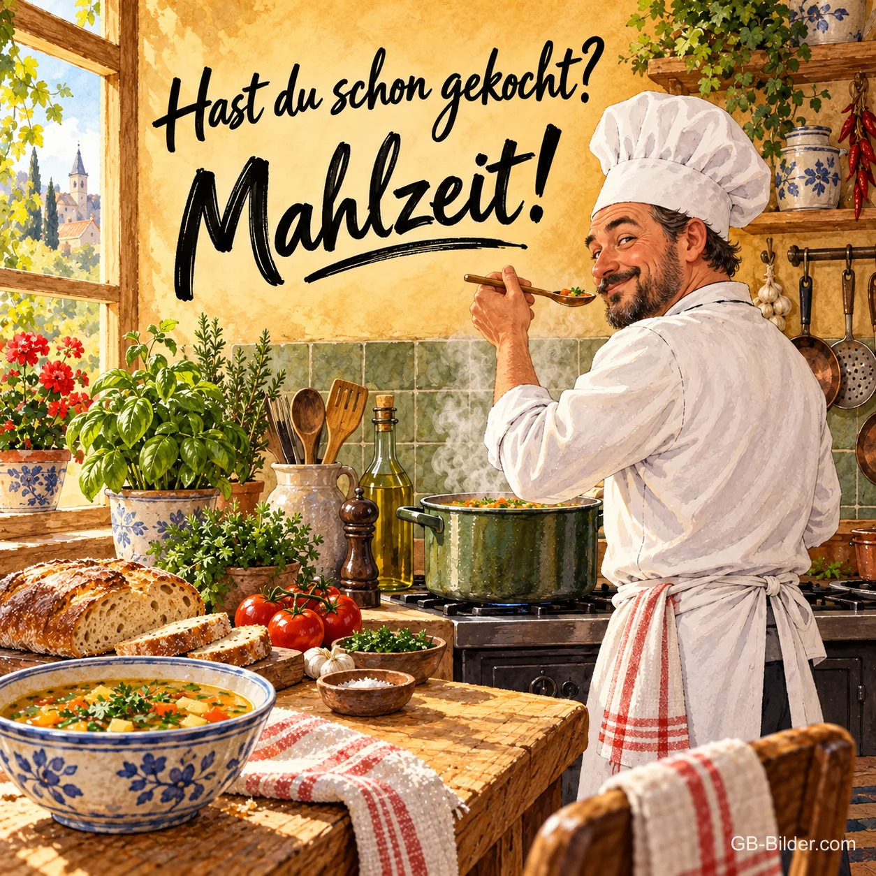 Koch probiert mit Holzlöffel aus dem Topf in einer Landküche, Text: Hast du schon gekocht? Mahlzeit! Koch probiert mit Holzlöffel aus dem Topf in einer Landküche, Text: Hast du schon gekocht? Mahlzeit!