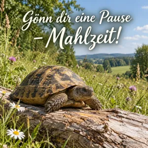 Schildkröte auf einem Baumstamm, Text: Gönn dir eine Pause – Mahlzeit!