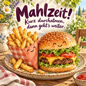 Lächelnder Burger und Pommestüte auf einem Teller im Garten, Text: Mahlzeit! Kurz durchatmen, dann geht's weiter.
