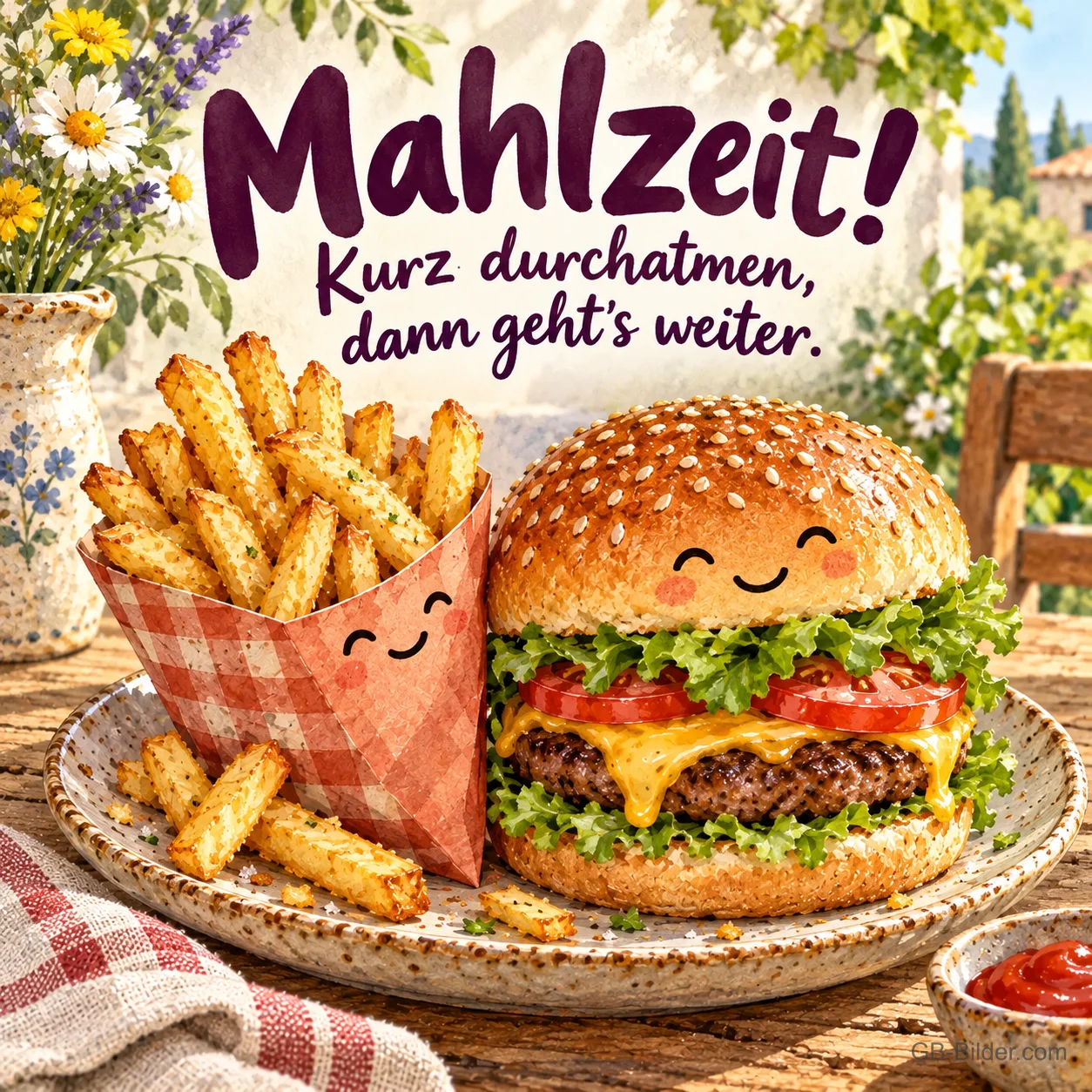 Lächelnder Burger und Pommestüte auf einem Teller im Garten, Text: Mahlzeit! Kurz durchatmen, dann geht's weiter. Lächelnder Burger und Pommestüte auf einem Teller im Garten, Text: Mahlzeit! Kurz durchatmen, dann geht's weiter.