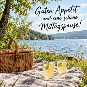 Picknickkorb mit Limonade am See, Text: Guten Appetit und eine schöne Mittagspause!