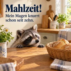 Waschbär an der Küchentheke, lustiger Text: Mahlzeit! Mein Magen knurrt schon seit zehn.