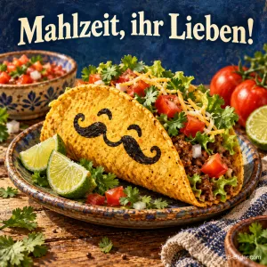 Taco mit Schnurrbartgesicht, Tomaten und Limetten auf einem Teller, Text: Mahlzeit, ihr Lieben!