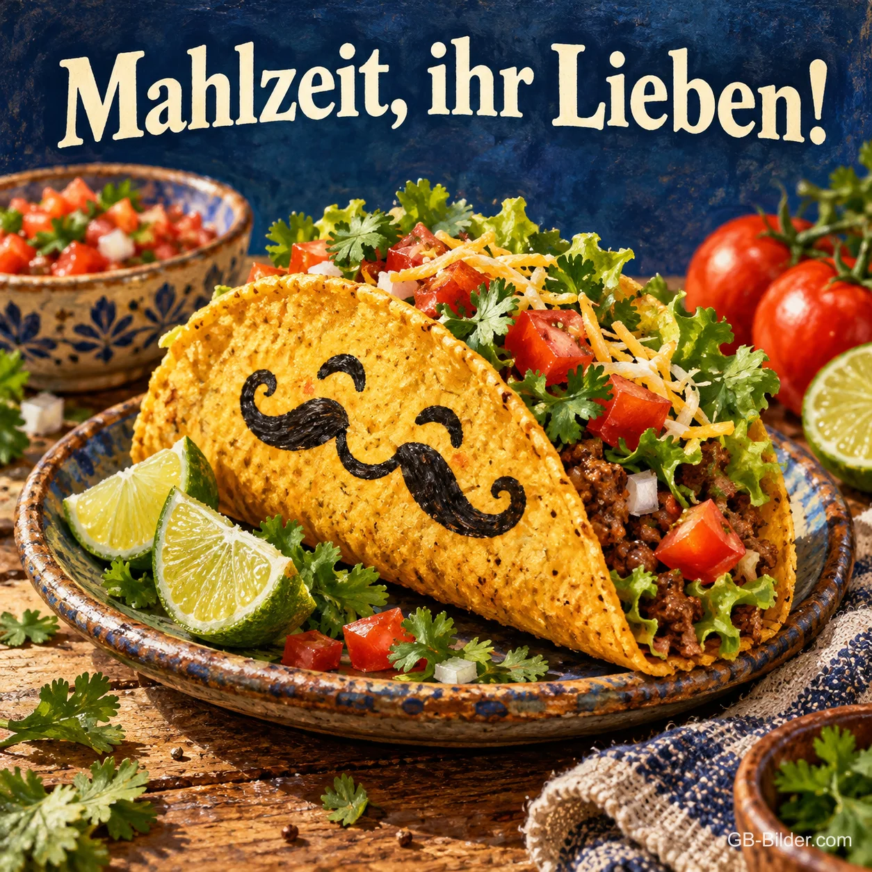 Taco mit Schnurrbartgesicht, Tomaten und Limetten auf einem Teller, Text: Mahlzeit, ihr Lieben!