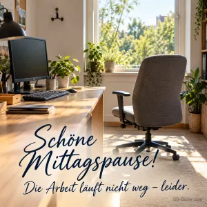 Leerer Schreibtisch am Fenster, lustiger Text: Schöne Mittagspause! Die Arbeit läuft nicht weg – leider.