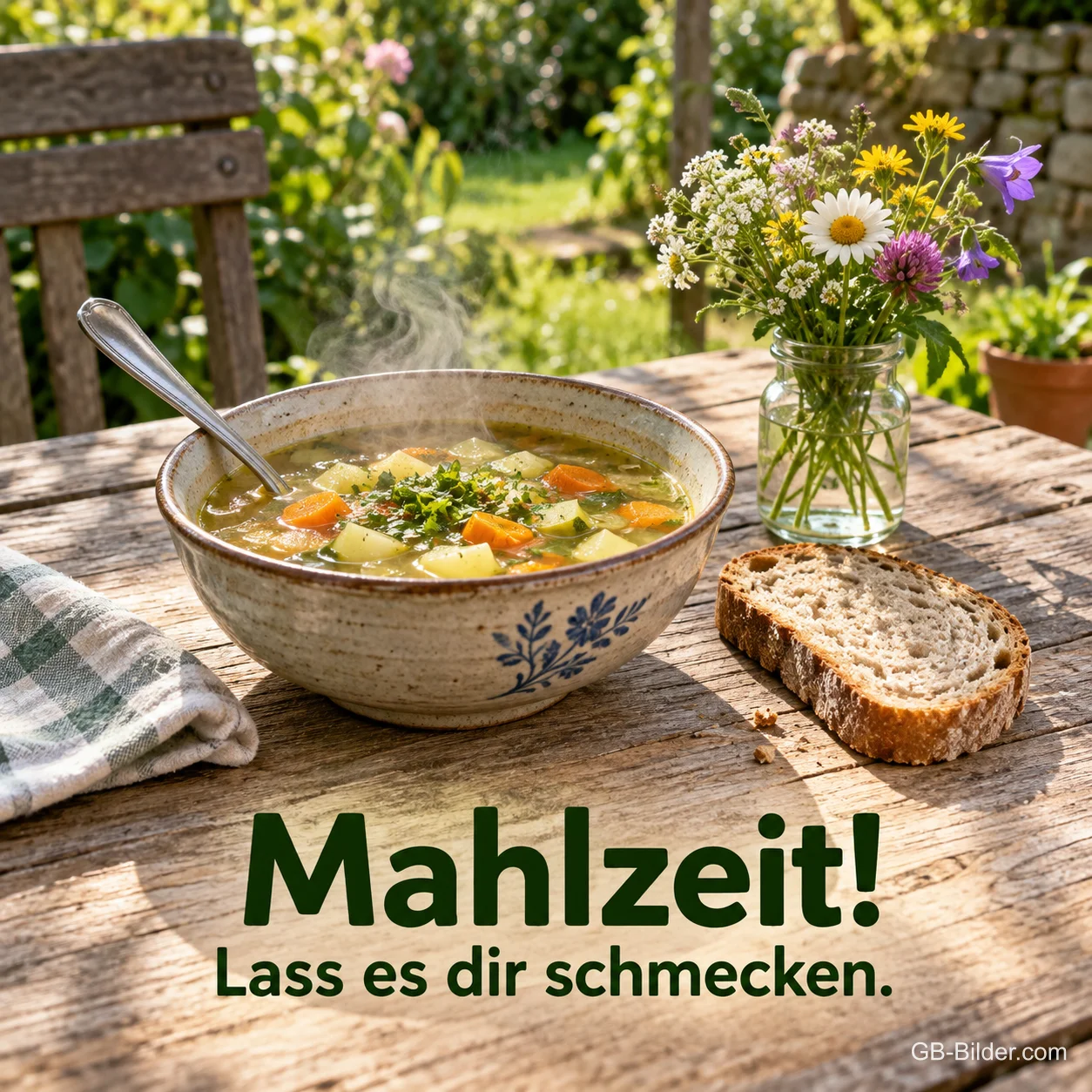 Gemüsesuppe mit Brot und Wiesenblumen, Text: Mahlzeit! Lass es dir schmecken. Gemüsesuppe mit Brot und Wiesenblumen, Text: Mahlzeit! Lass es dir schmecken.
