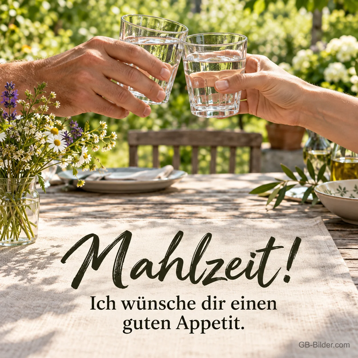 Anstoßen mit Wassergläsern im Garten, Text: Mahlzeit! Ich wünsche dir einen guten Appetit. Anstoßen mit Wassergläsern im Garten, Text: Mahlzeit! Ich wünsche dir einen guten Appetit.