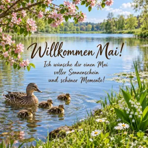 Entenfamilie auf dem See, Text: Willkommen Mai!