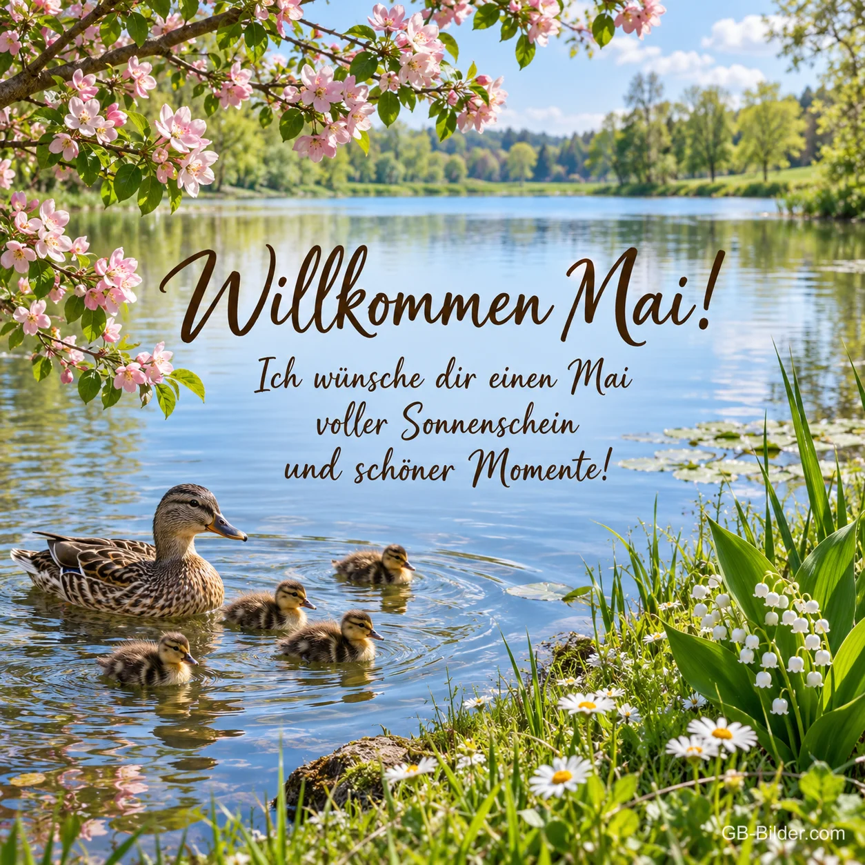 Entenfamilie auf dem See, Text: Willkommen Mai!