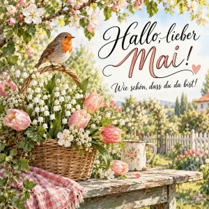 Rotkehlchen auf Blumenkorb, Text: Hallo, lieber Mai!