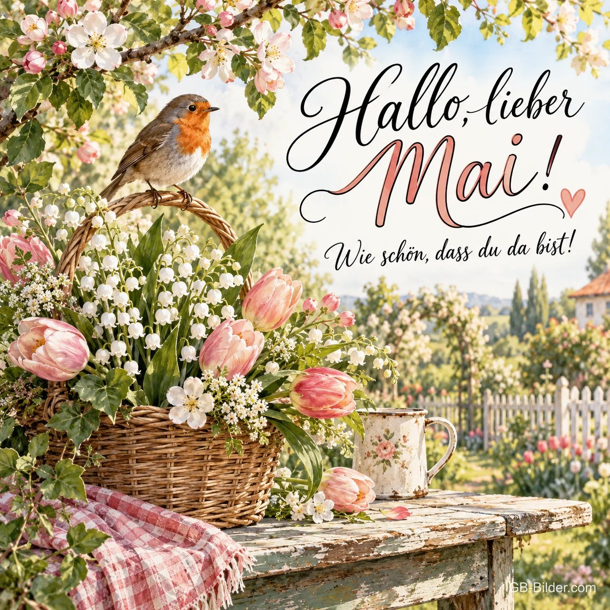 Rotkehlchen auf Blumenkorb, Text: Hallo, lieber Mai!