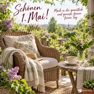 Korbsessel auf blühender Terrasse, Text: Schönen 1. Mai!