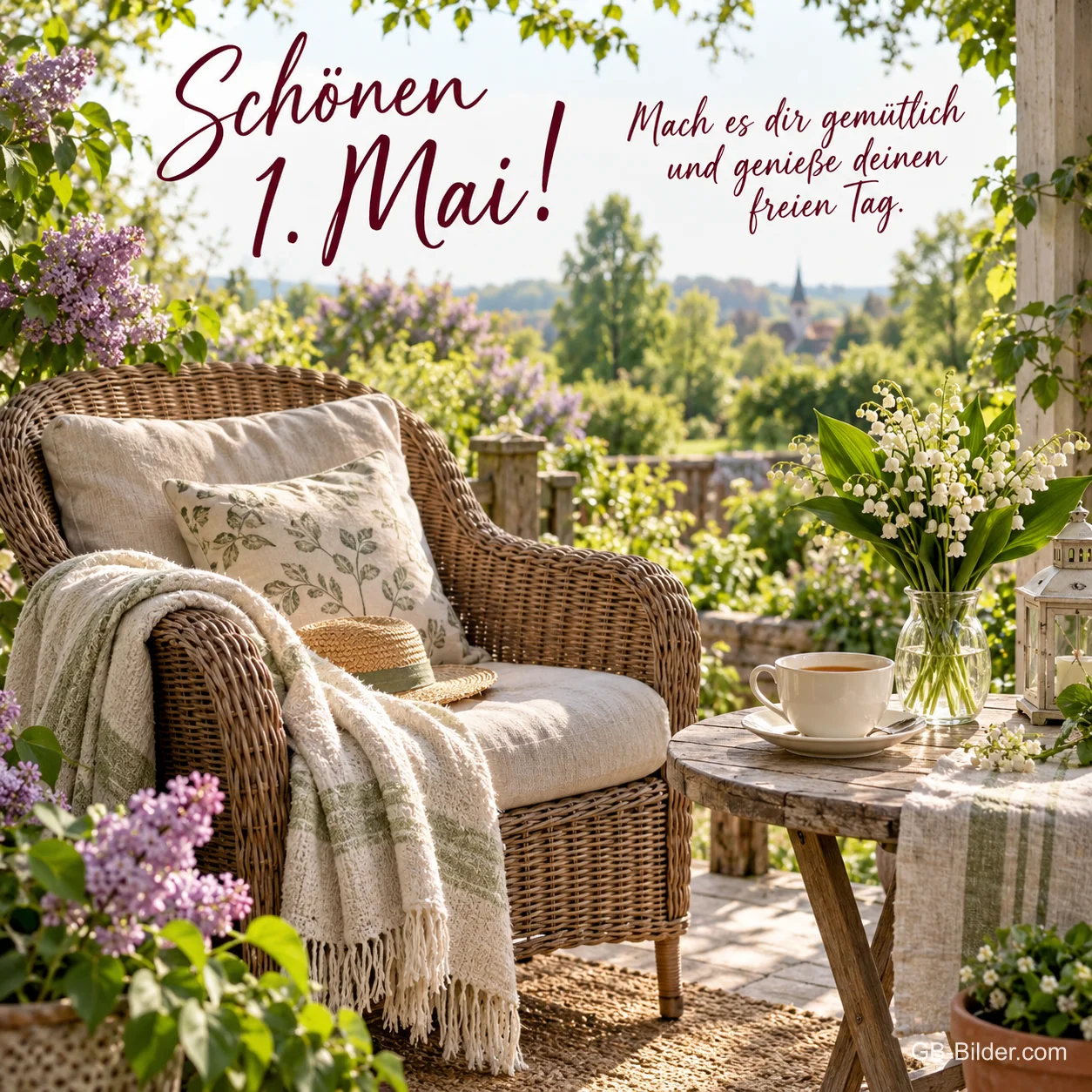 Korbsessel auf blühender Terrasse, Text: Schönen 1. Mai!