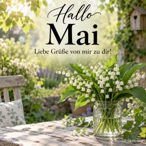 Maiglöckchen im Glas, Text: Hallo Mai – Liebe Grüße von mir zu dir!