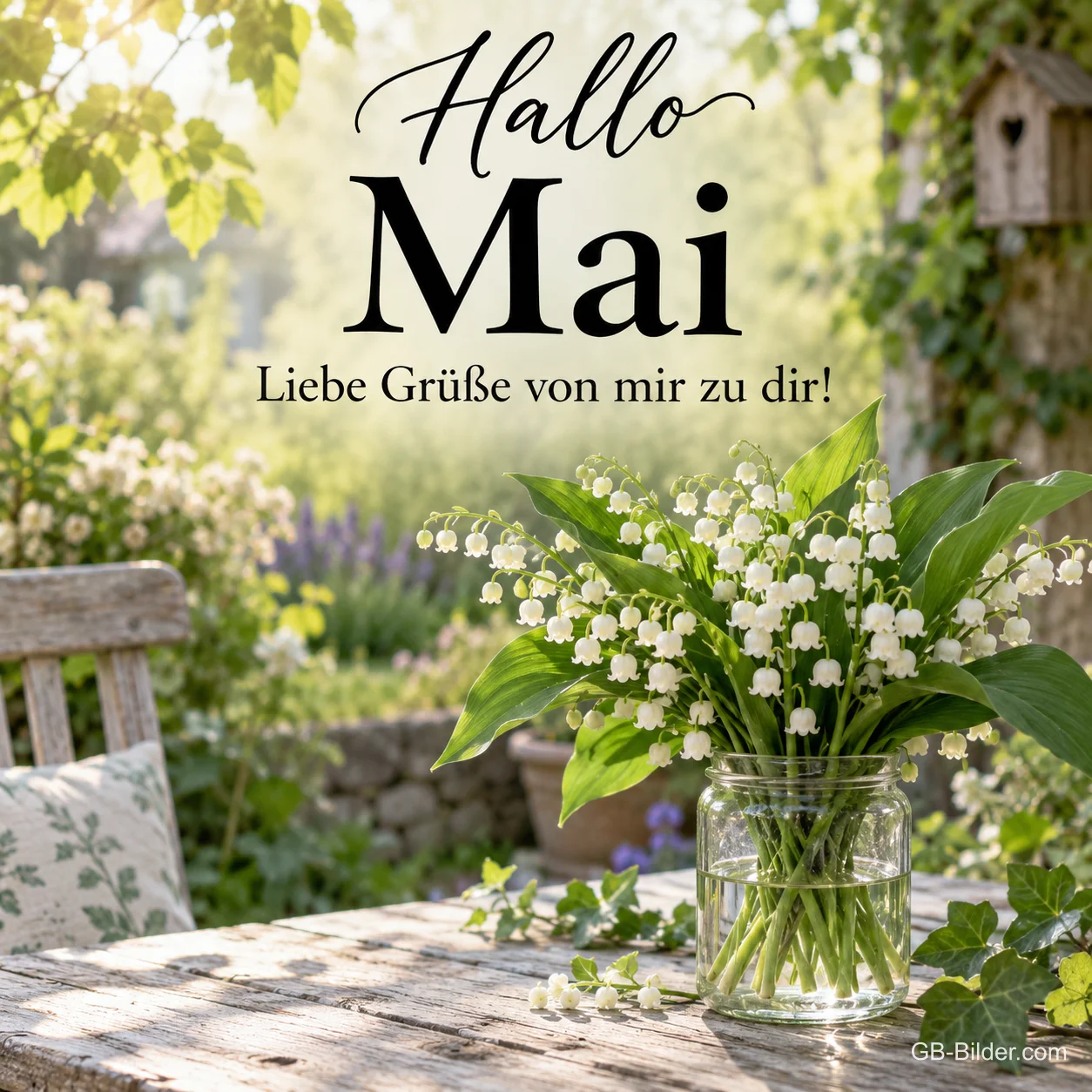 Maiglöckchen im Glas, Text: Hallo Mai – Liebe Grüße von mir zu dir!