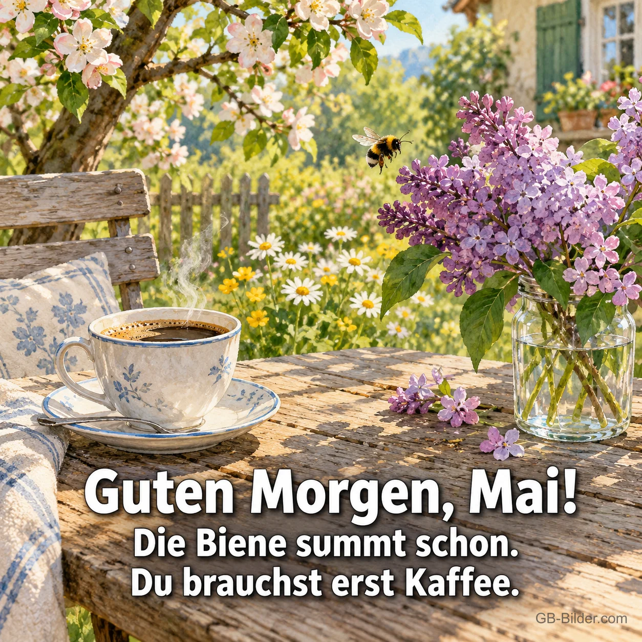 Kaffeetasse mit Flieder im Garten, lustiger Text: Guten Morgen, Mai!