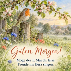 Rotkehlchen auf Zaunpfahl, Text: Guten Morgen! Möge der 1. Mai dir leise Freude ins Herz singen.