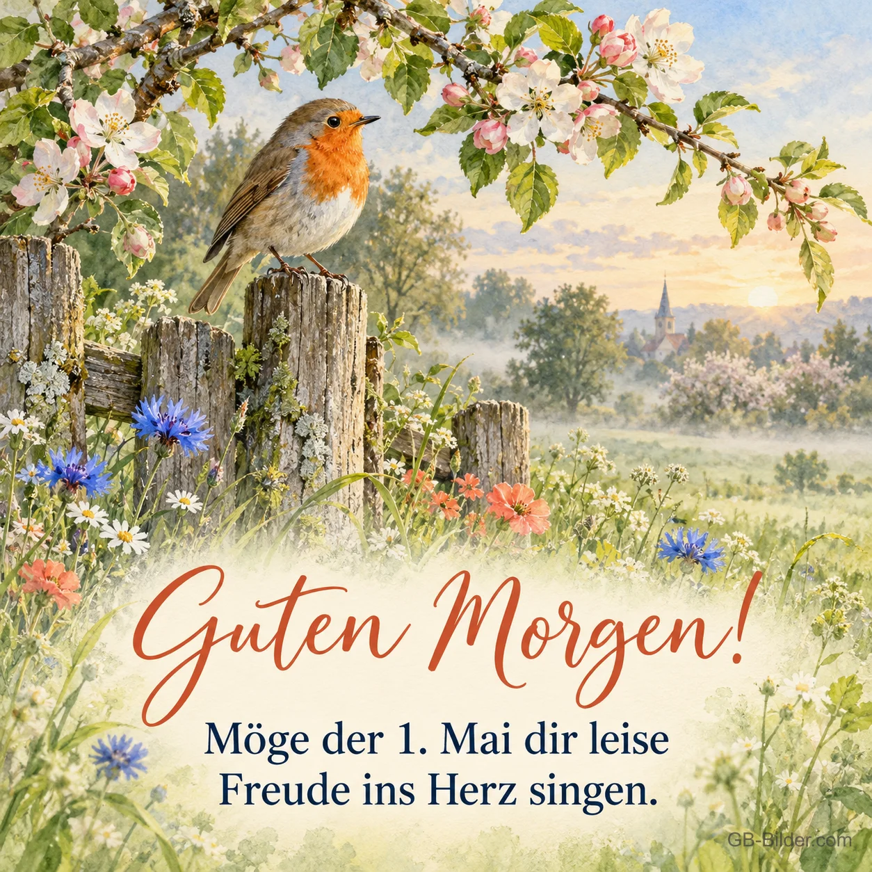 Rotkehlchen auf Zaunpfahl, Text: Guten Morgen! Möge der 1. Mai dir leise Freude ins Herz singen.