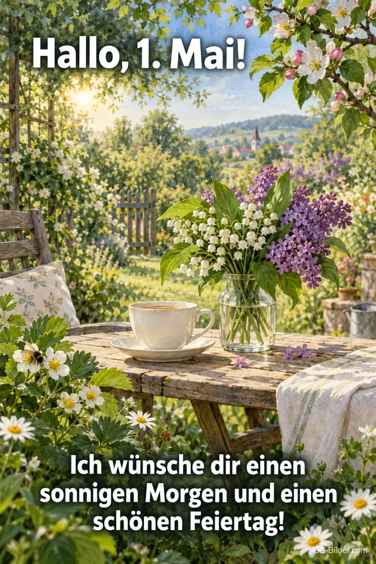 Tasse und Blumenstrauß im Garten, Text: Hallo, 1. Mai!