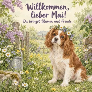 Hund mit Blumenkranz im Garten, Text: Willkommen, lieber Mai!