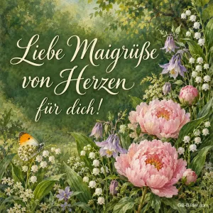 Pfingstrosen und Maiglöckchen, Text: Liebe Maigrüße von Herzen für dich!