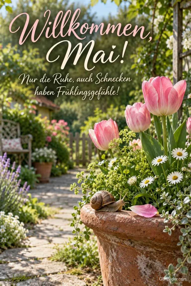 Schnecke auf Blumentopf mit Tulpen, Text: Willkommen, Mai!