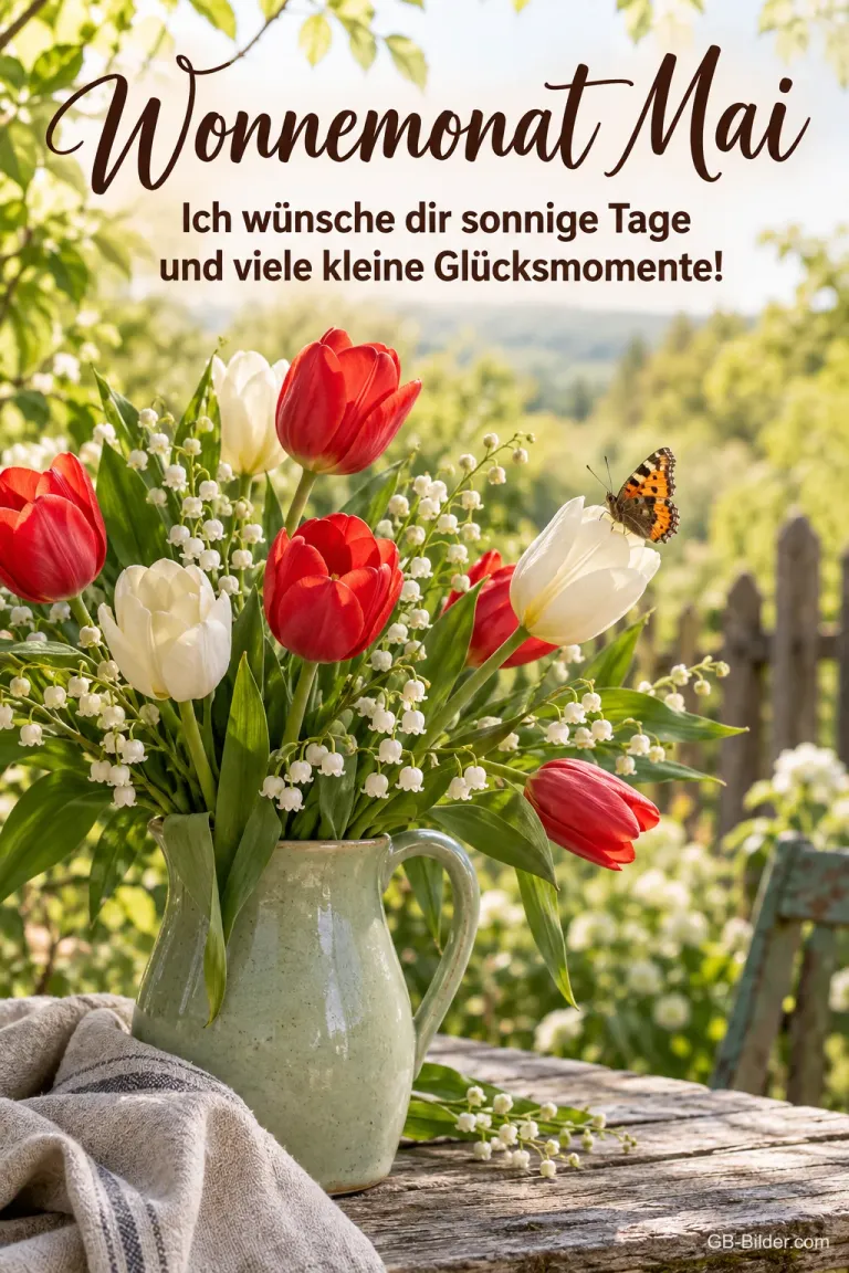 Tulpen und Maiglöckchen im Krug, Text: Wonnemonat Mai