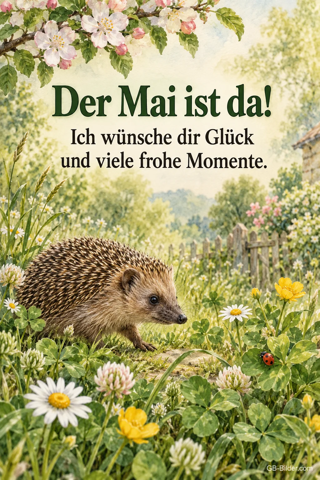 Igel auf einer Frühlingswiese, Text: Der Mai ist da!