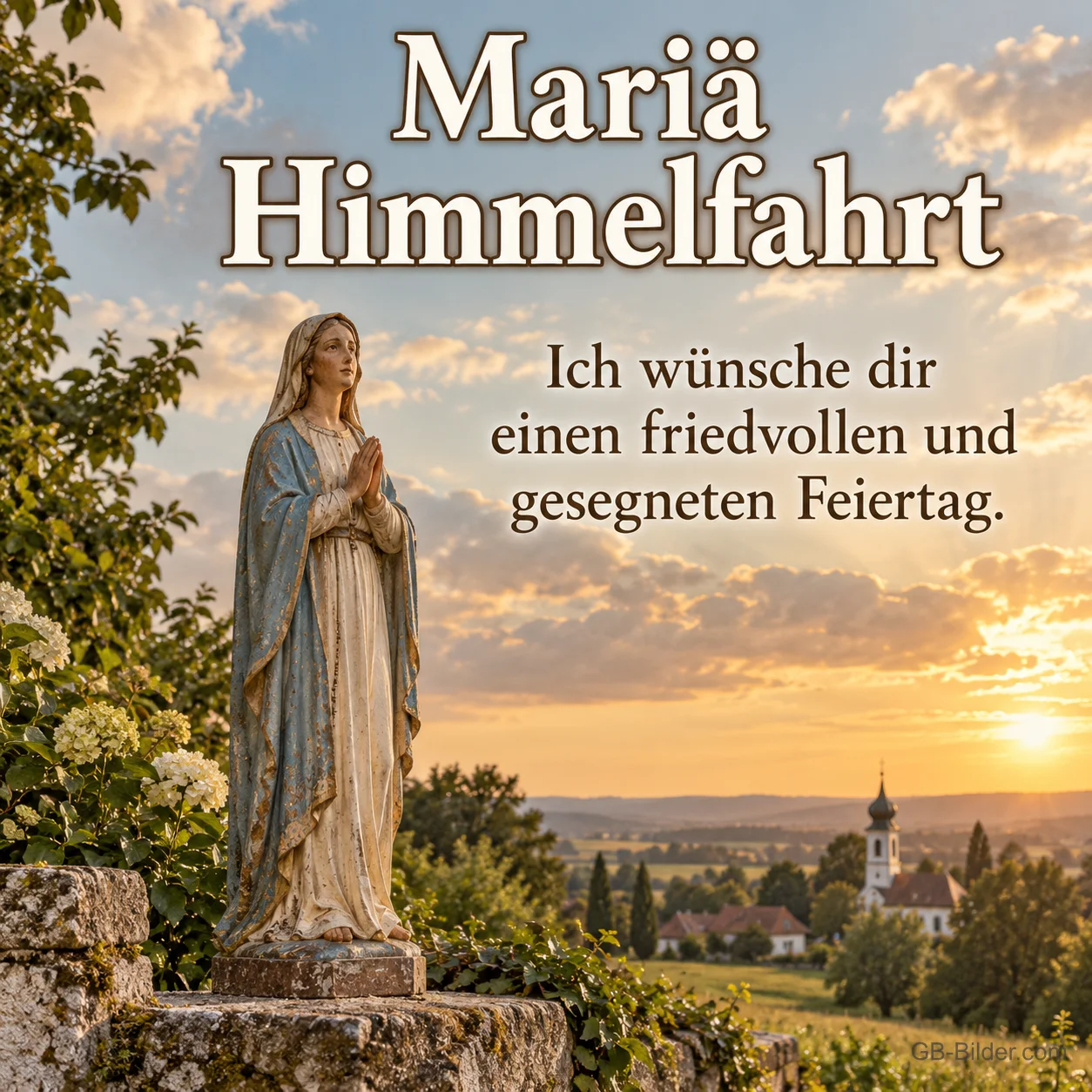 Marienstatue vor Landschaft mit Kirche, Text: Mariä Himmelfahrt Marienstatue vor Landschaft mit Kirche, Text: Mariä Himmelfahrt