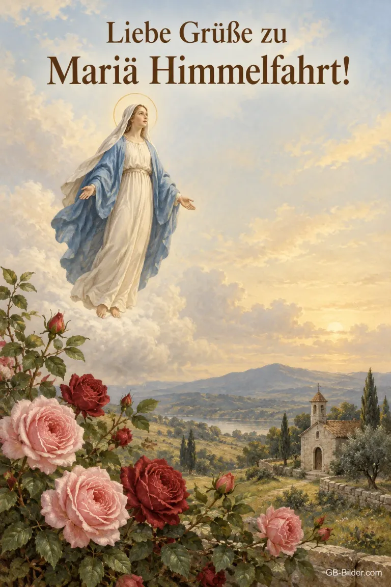 Maria über einer Landschaft mit Rosen, Text: Liebe Grüße zu Mariä Himmelfahrt!