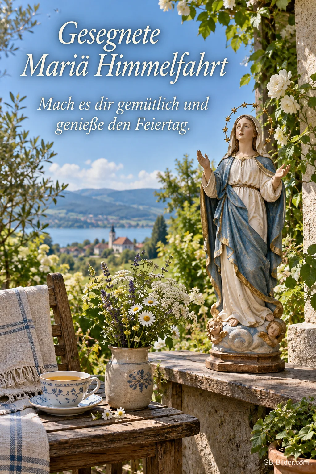 Marienfigur über einem See mit Kirche, Text: Gesegnete Mariä Himmelfahrt Marienfigur über einem See mit Kirche, Text: Gesegnete Mariä Himmelfahrt