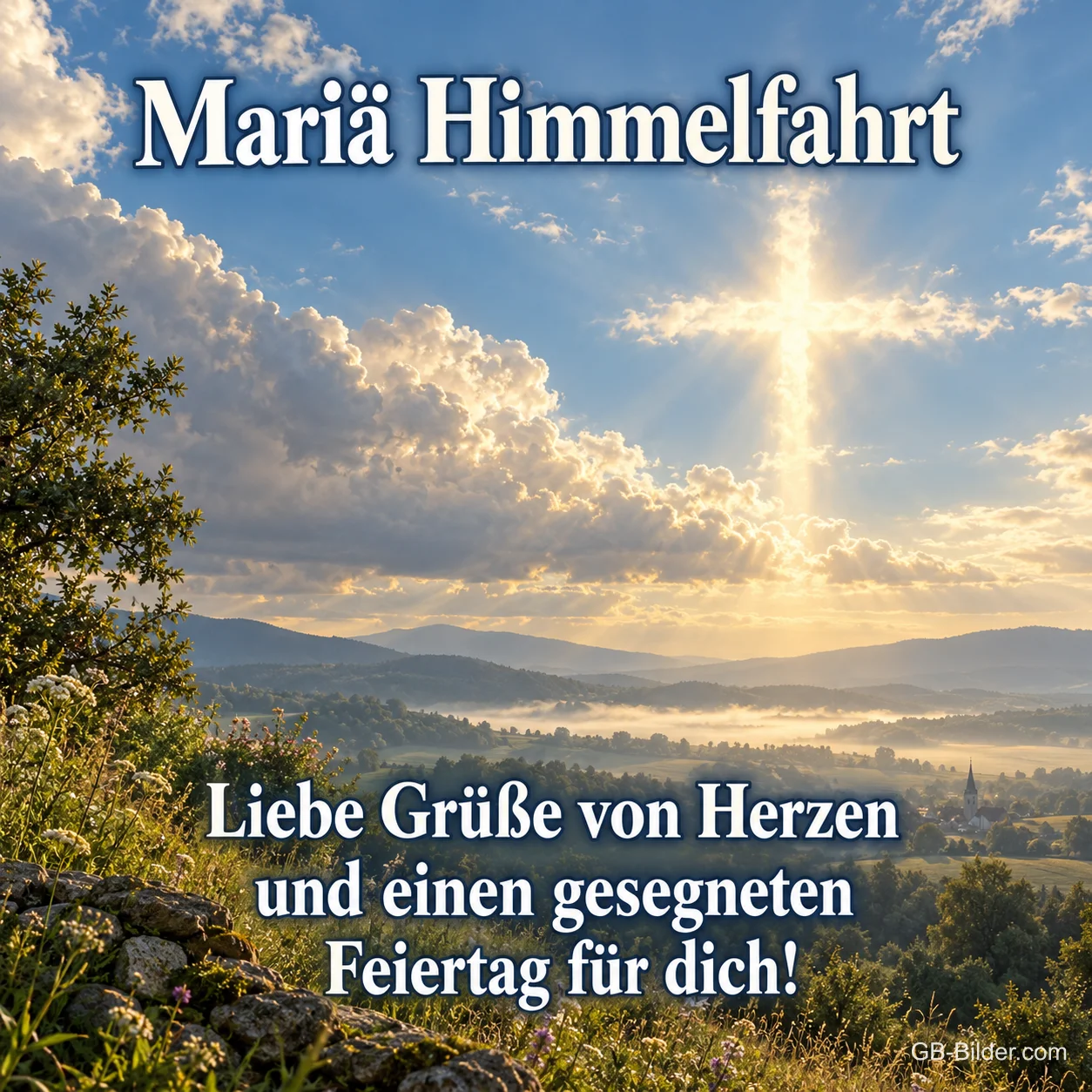 Lichtkreuz in den Wolken über Hügeln, Text: Mariä Himmelfahrt Lichtkreuz in den Wolken über Hügeln, Text: Mariä Himmelfahrt