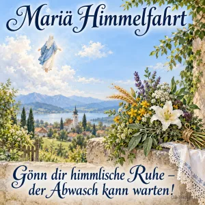 Kräuterstrauß über einem See, Text: Mariä Himmelfahrt – Gönn dir himmlische Ruhe