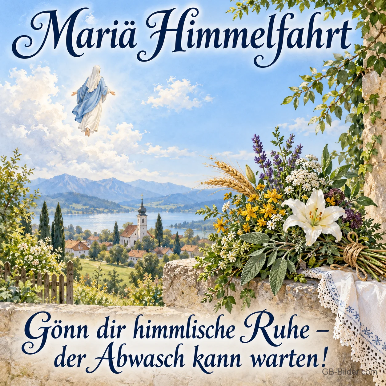 Kräuterstrauß über einem See, Text: Mariä Himmelfahrt – Gönn dir himmlische Ruhe Kräuterstrauß über einem See, Text: Mariä Himmelfahrt – Gönn dir himmlische Ruhe