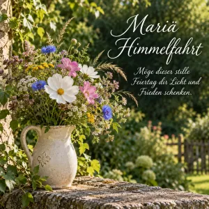 Wiesenblumenstrauß im Krug, Text: Mariä Himmelfahrt